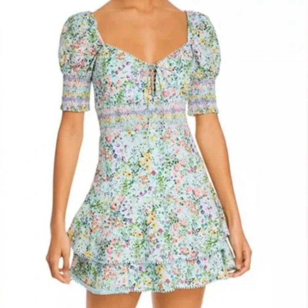 Alice + Olivia Crawford Blue Floral Puff Sleeve Dress Sz 6 - Picture 3 of 6
